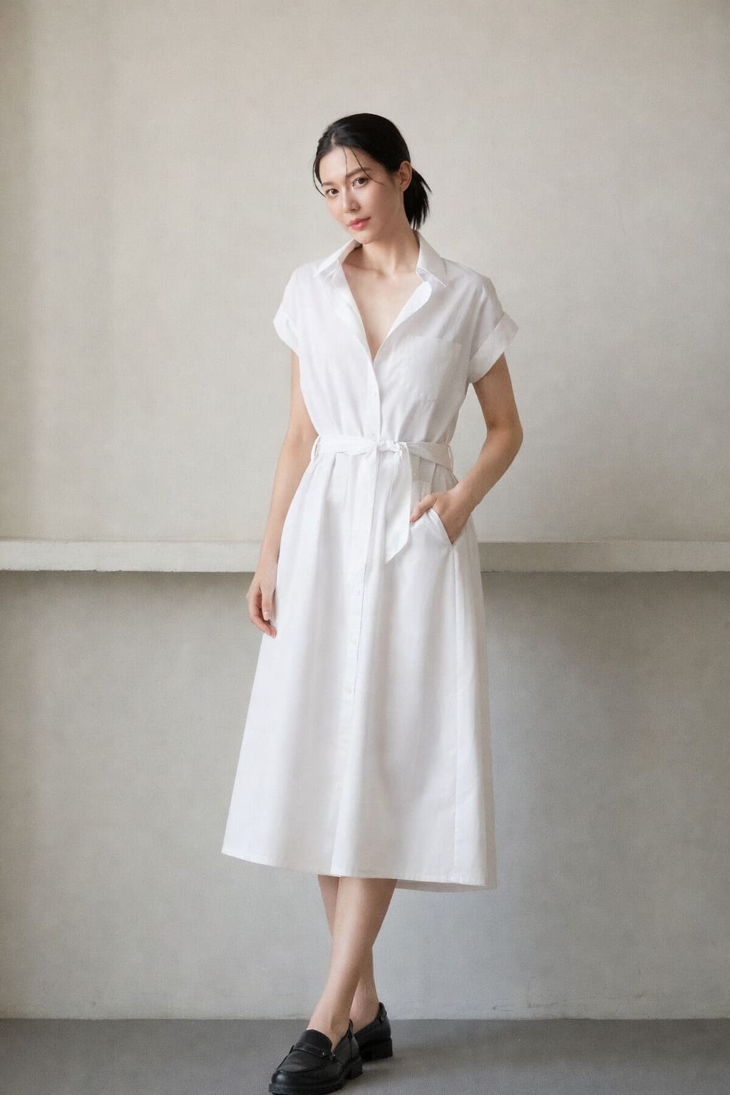 Woman in a white belted midi shirt dress with short sleeves and black loafers against a neutral studio background