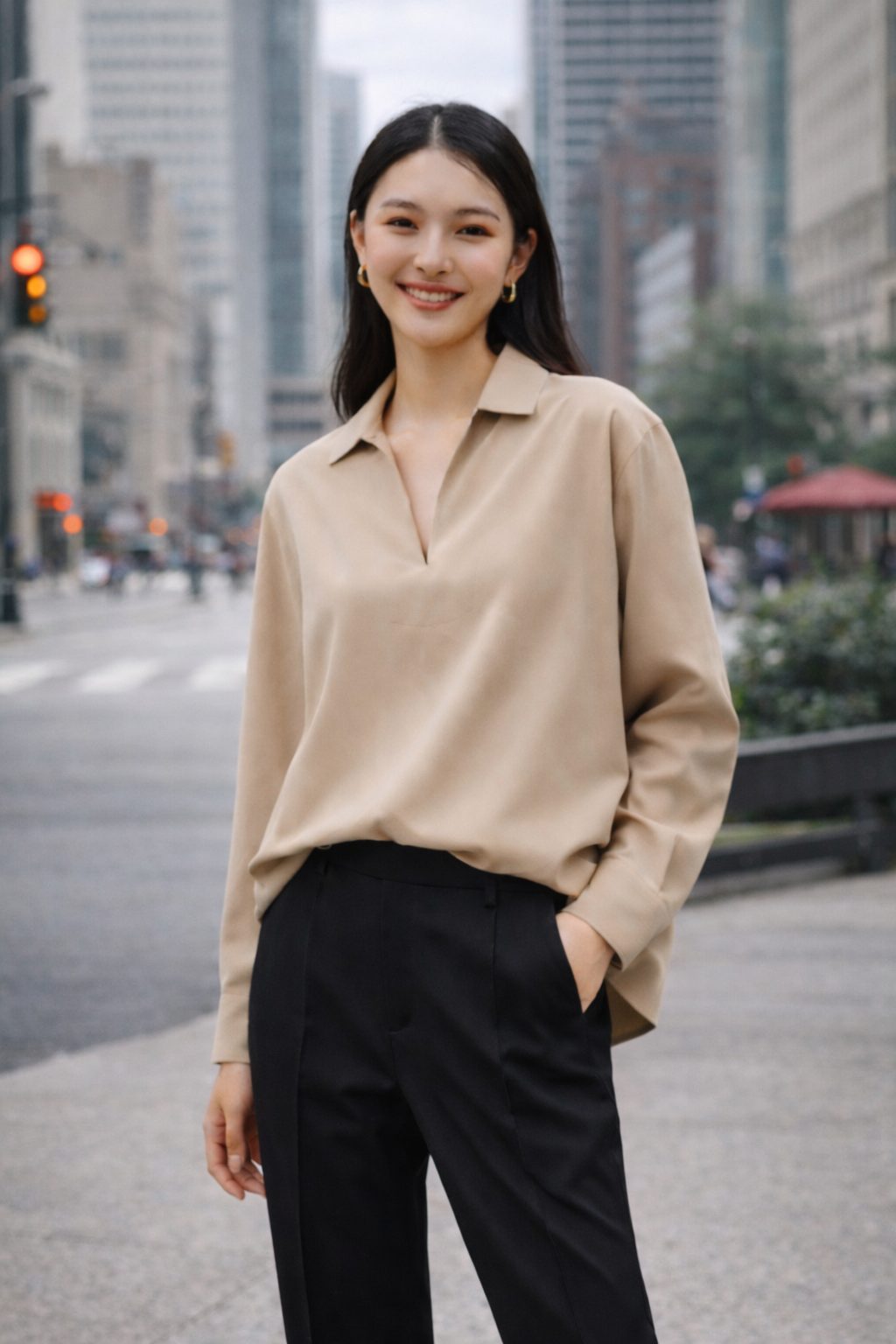 Woman wearing a beige collared blouse with black tailored trousers in a soft-focus city street setting