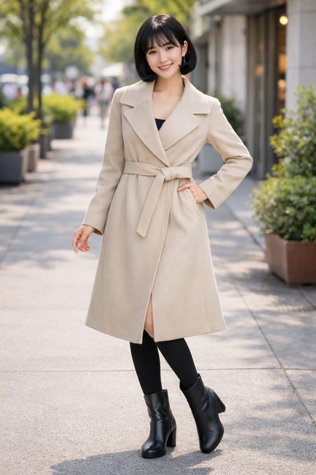 Woman wearing a belted beige wrap coat with ankle boots in an outdoor city setting