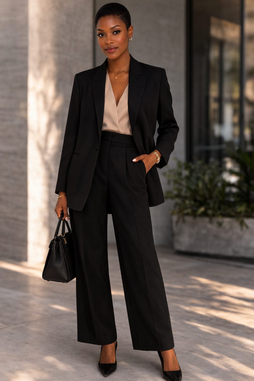 Woman wearing a black tailored blazer, white fitted top, wide-leg black trousers, and pointed heels in an elevated outdoor fashion look