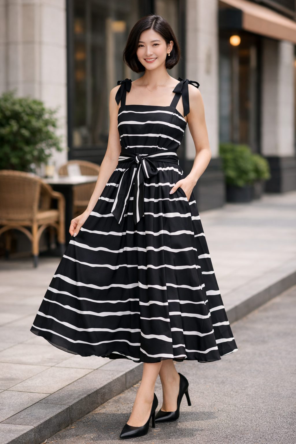 Woman wearing a black-and-white striped midi dress with ribbon shoulder straps, a defined waist tie, black pointed heels, and a structured handbag in an outdoor city setting