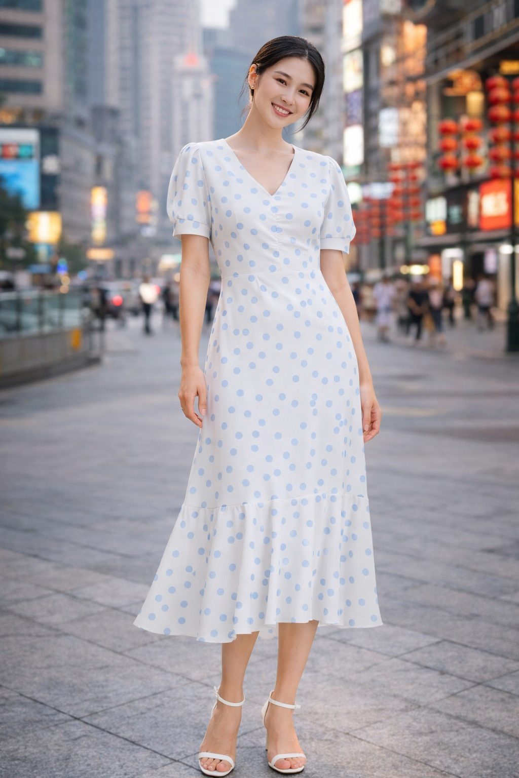 Woman wearing a light blue polka dot midi dress with puff sleeves and white strappy heels on a blurred city street background