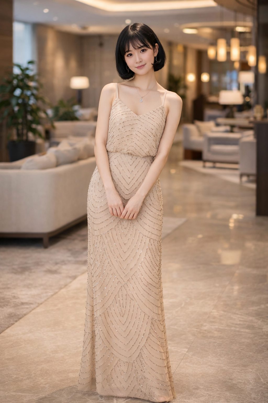 Champagne Beaded Evening Gown Look for Elegant Formal Events