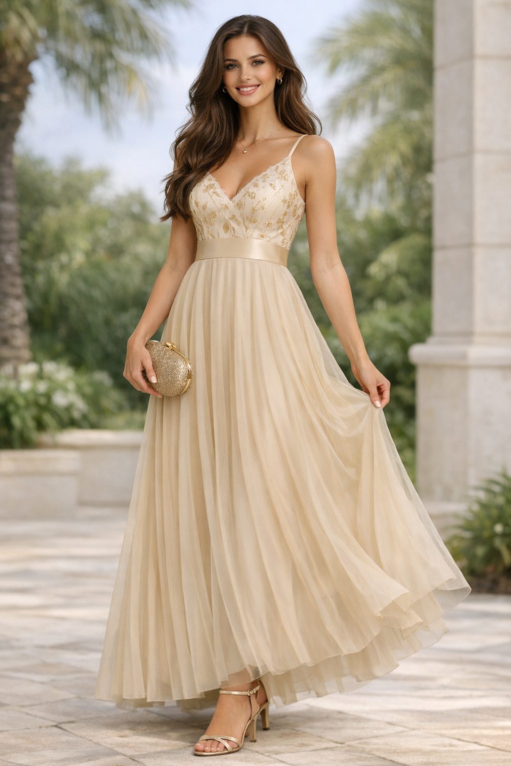 Woman wearing a champagne sleeveless evening gown with a fitted embellished bodice, flowing tulle skirt, metallic clutch, and heeled sandals in an outdoor luxury setting