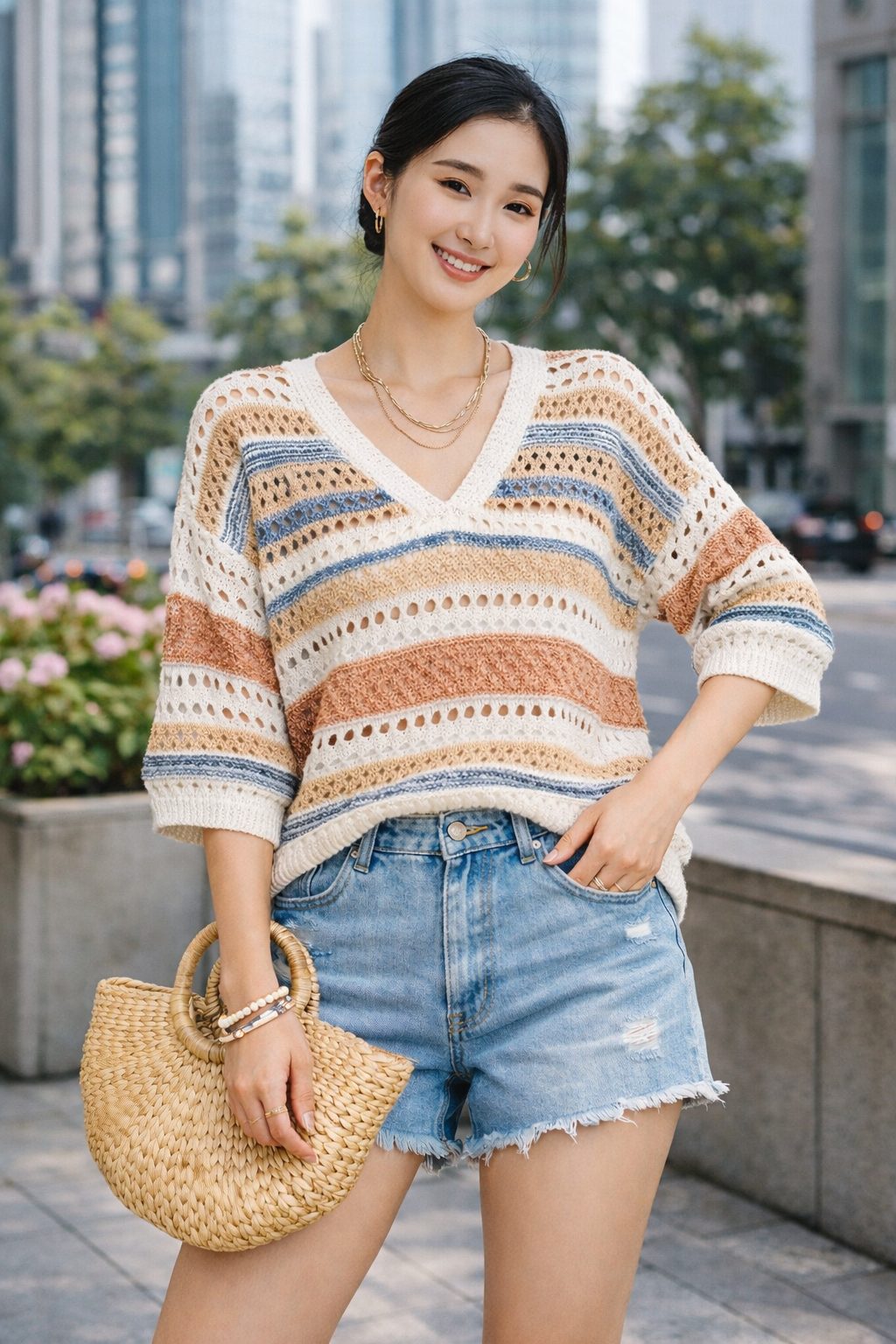 Woman wearing a striped open-knit V-neck sweater with light denim shorts, layered gold jewelry, and a woven handbag in an outdoor city setting
