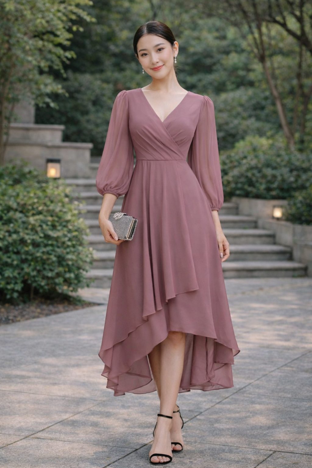 Full-body image of a woman wearing a dusty rose long-sleeve high-low dress in an outdoor editorial setting