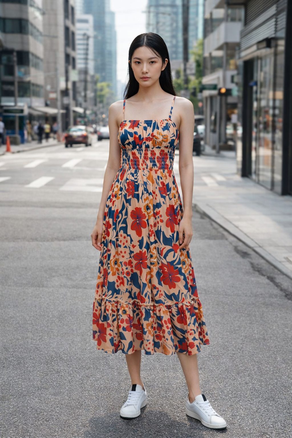 Woman wearing a sleeveless floral midi dress with a gathered bodice and white sneakers on a modern city street