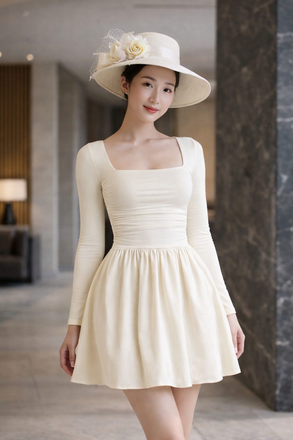 Woman wearing an ivory square-neck long sleeve mini dress with a fitted bodice, flared skirt, and coordinated wide-brim hat in a refined editorial interior.