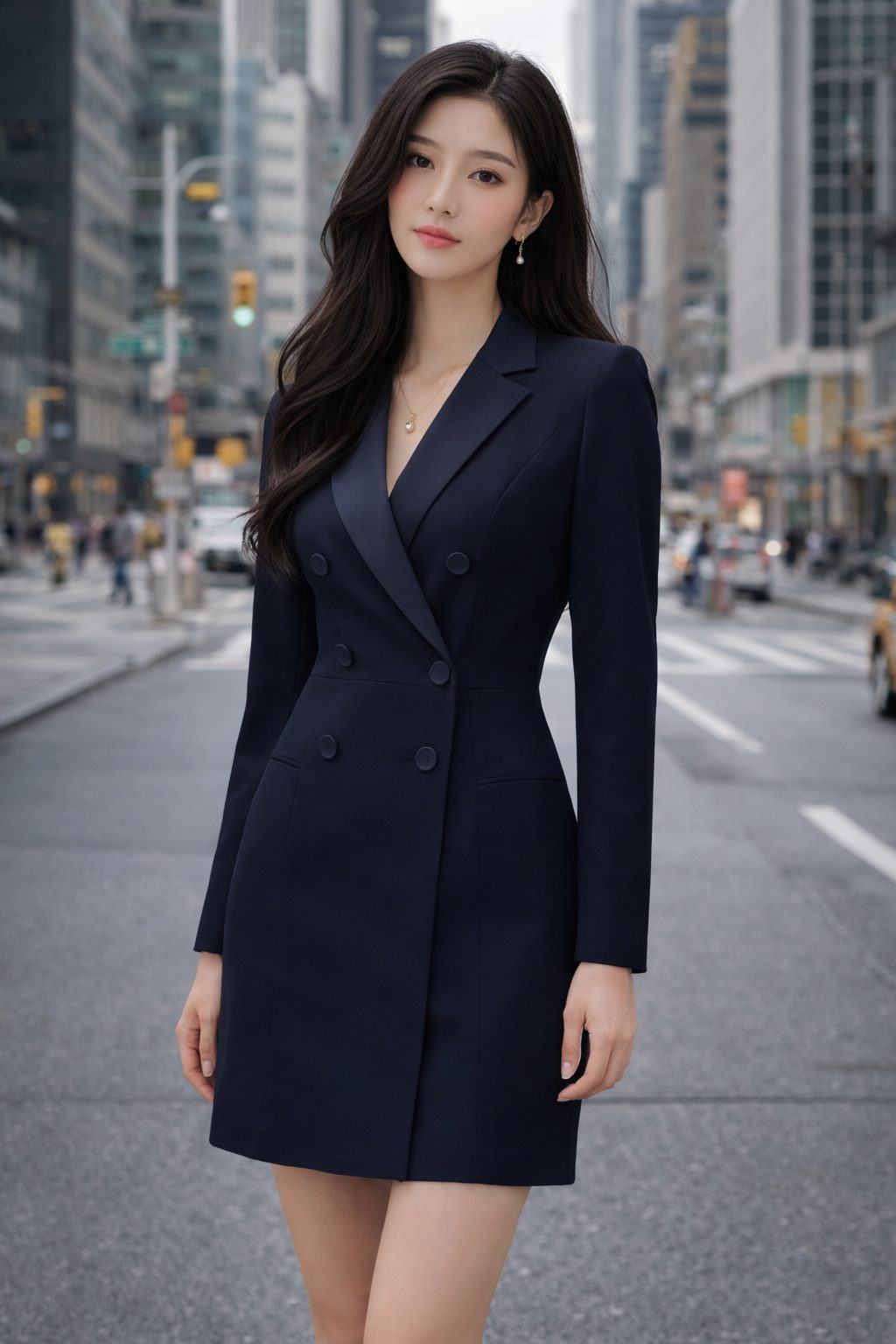 Woman wearing a tailored navy blazer dress with structured lapels and a clean double-breasted silhouette on a blurred urban city street