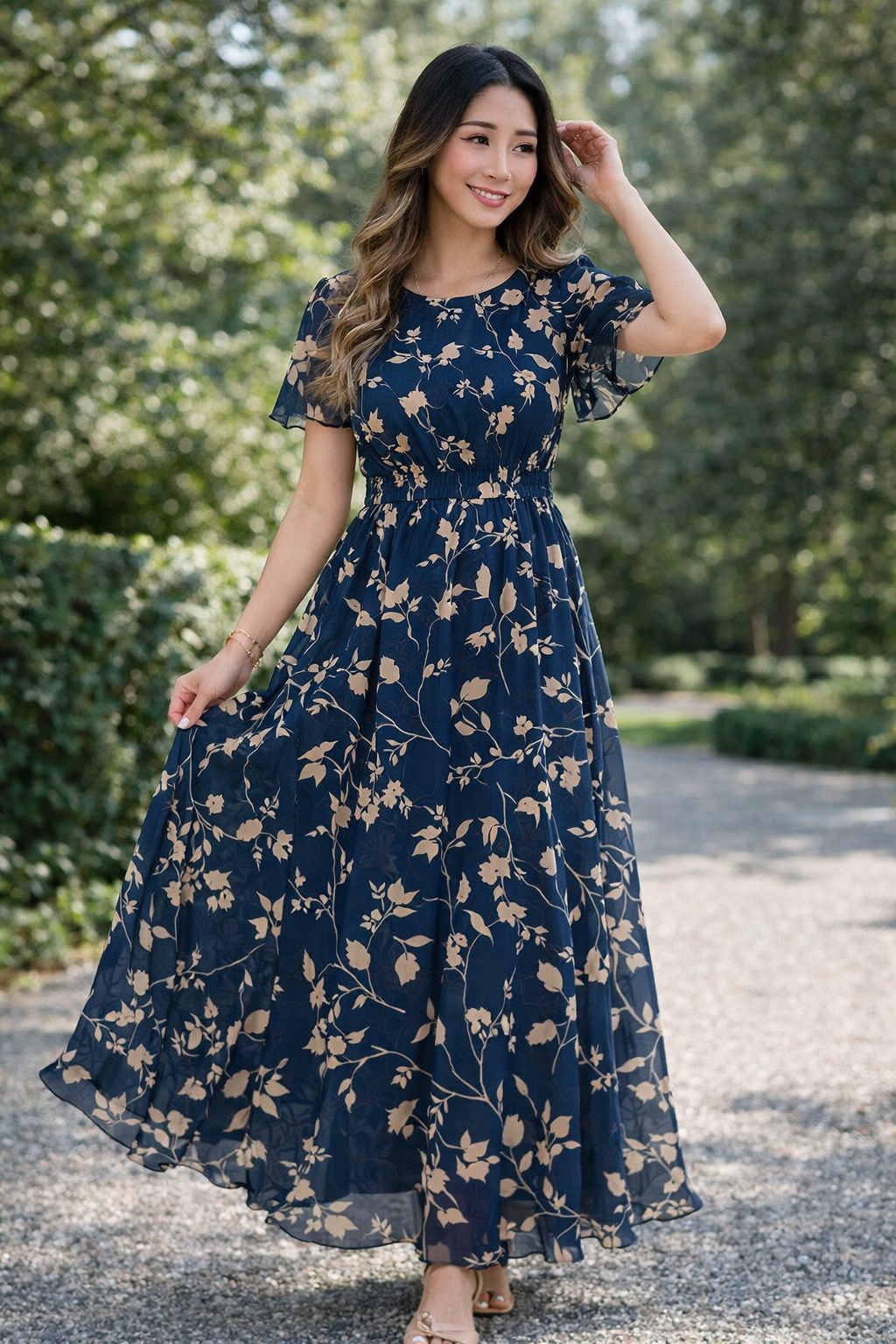 Woman wearing a navy floral maxi dress with flutter sleeves in an outdoor garden setting