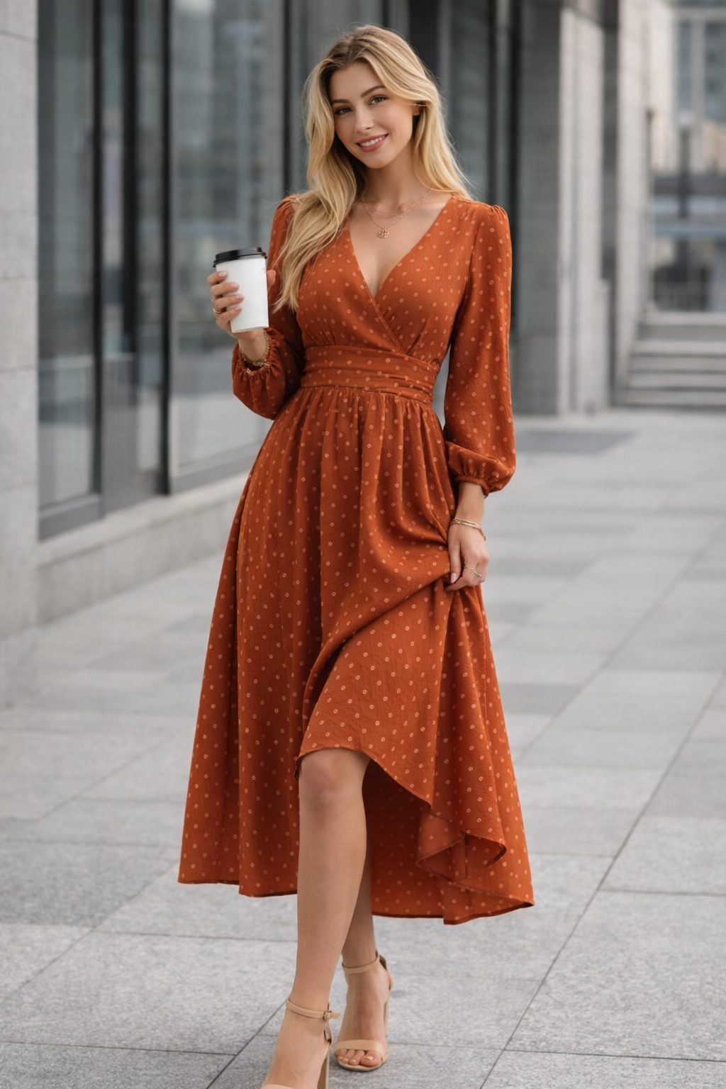 Woman wearing a rust wrap-style midi dress with long sleeves, a defined waist, subtle dotted texture, and an asymmetrical hem in an outdoor city setting.
