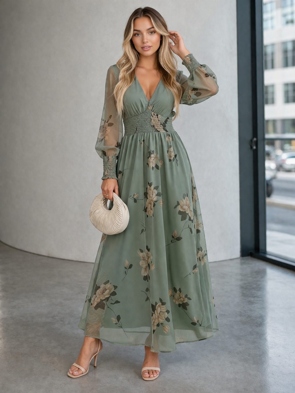 Woman wearing a sage green floral maxi dress with sheer long sleeves and a defined waist, styled with heeled sandals in an urban editorial setting