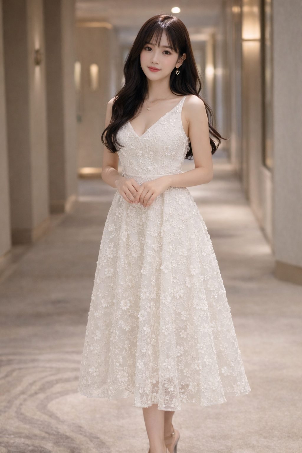 Woman wearing a white sleeveless lace midi dress with a fitted bodice and full skirt in a softly lit hotel hallway