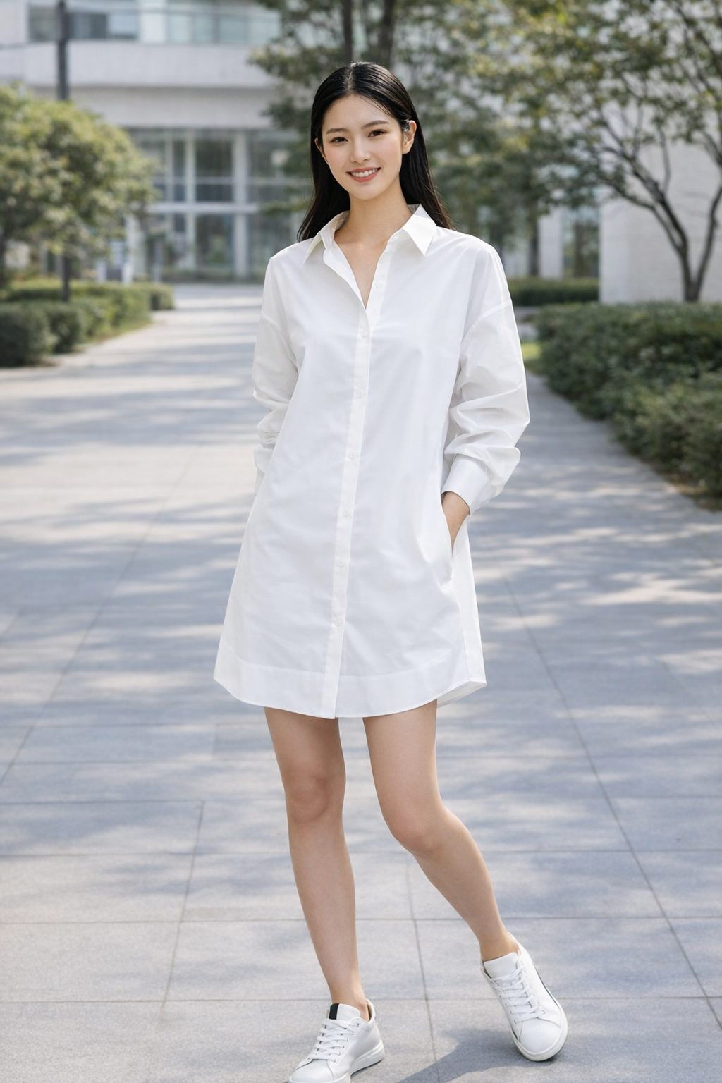 Woman wearing an oversized white button-up shirt dress with white low-top sneakers in an outdoor urban walkway setting