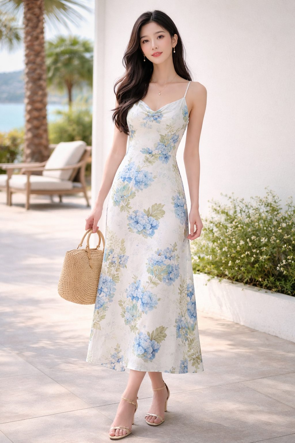 Woman wearing a white midi slip dress with a soft blue floral print, delicate straps, and neutral heels in a bright modern outdoor setting