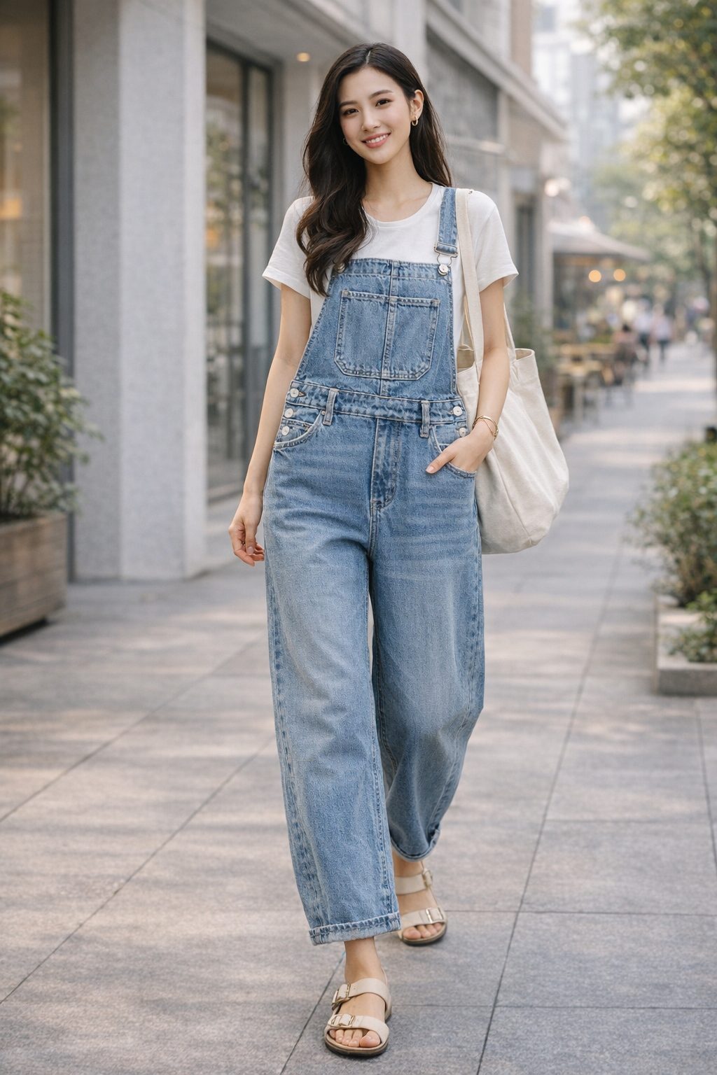 Woman wearing light blue denim overalls with a white short-sleeve top and neutral flat sandals on a modern city sidewalk
