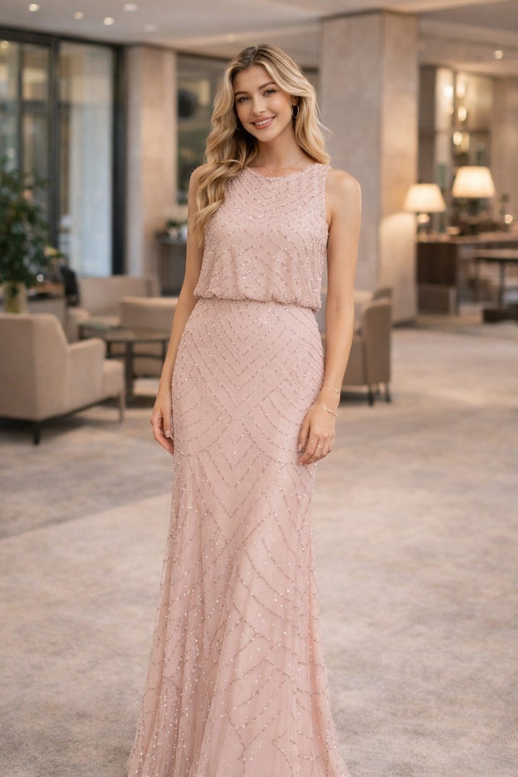 Woman wearing a blush pink sleeveless beaded evening gown with a softly defined waist and floor-length skirt in a modern hotel lobby