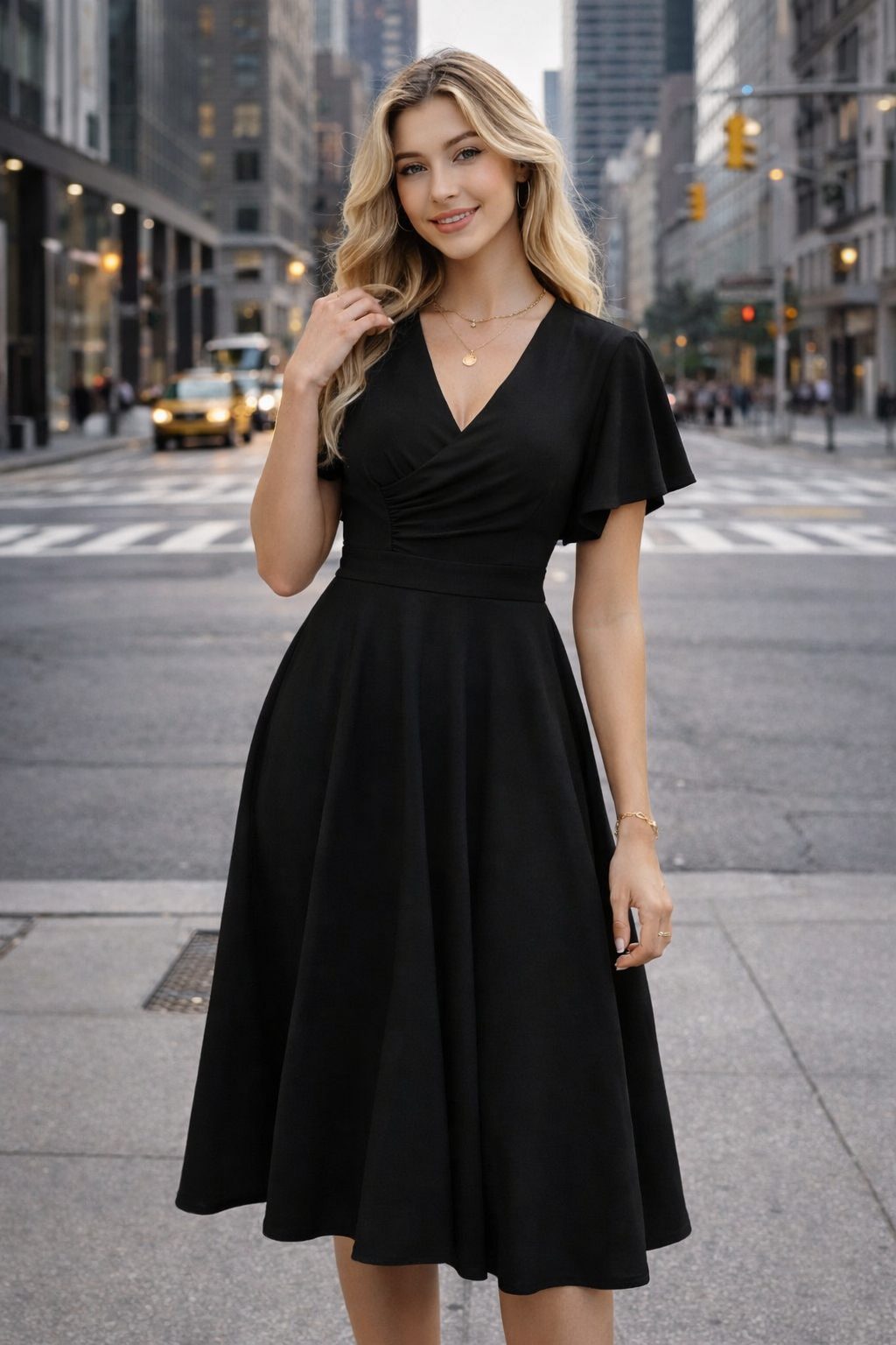 Woman wearing a black flutter-sleeve midi dress with a fitted waist and flowing skirt in an elegant editorial fashion pose