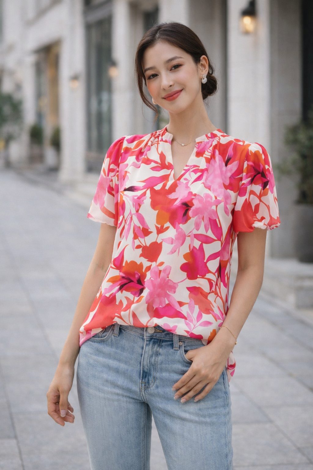 Young woman wearing a vivid pink floral short-sleeve blouse with light wash denim in a softly blurred modern street setting