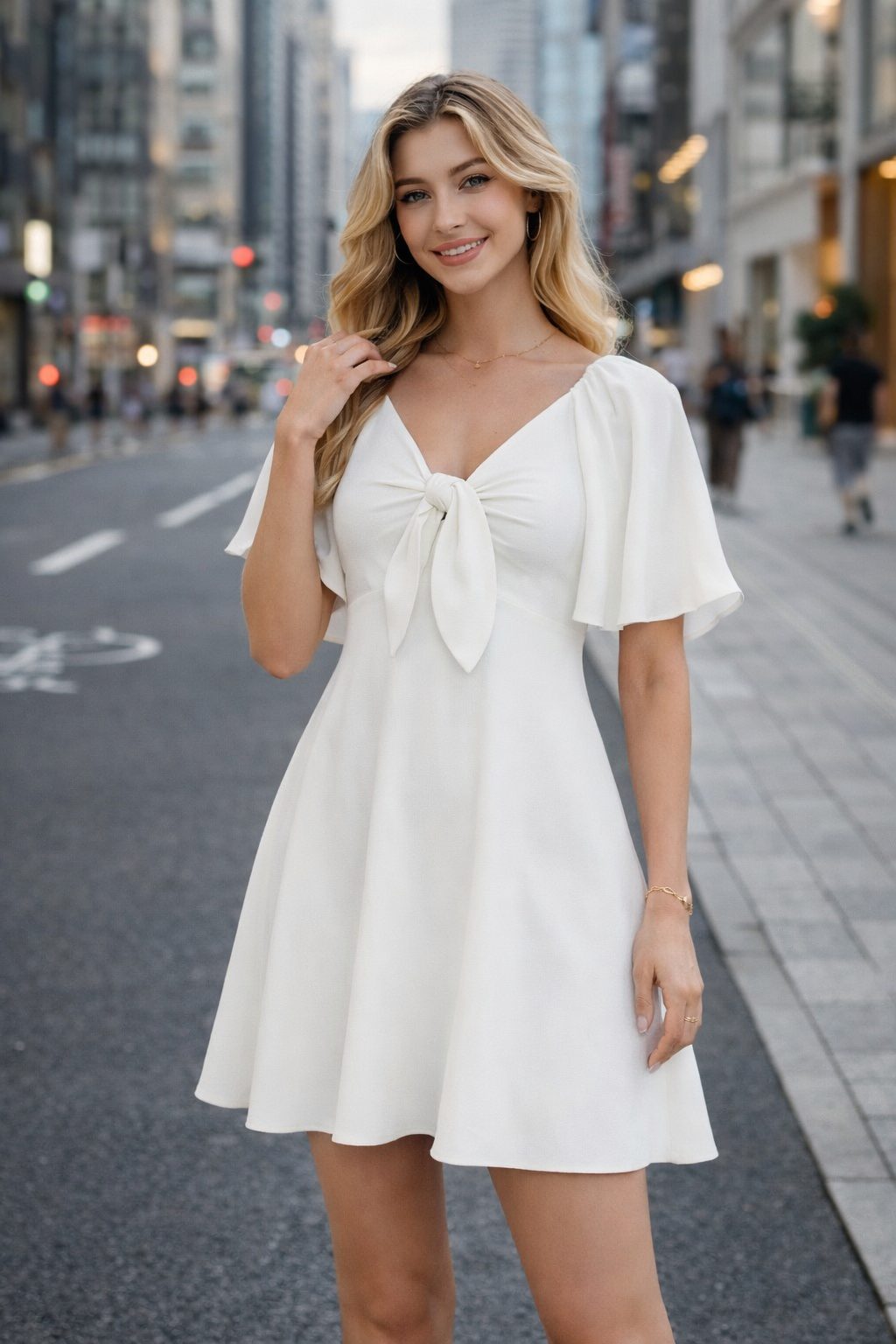 Woman wearing a white tie-front mini dress with flutter sleeves on a softly blurred city street background