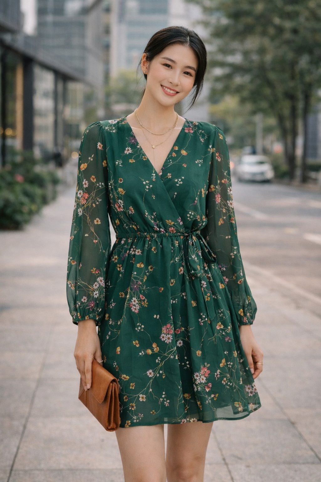 Woman wearing a green floral long-sleeve wrap-style mini dress with a brown clutch in a modern city setting