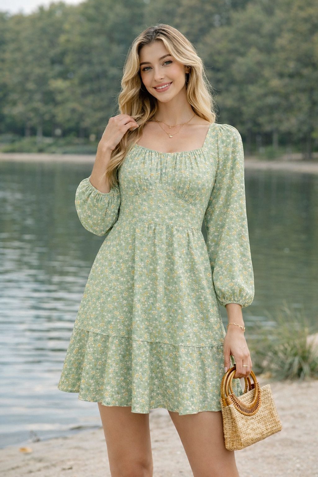 Woman wearing a sage green floral mini dress with long sleeves and a woven handbag by the water