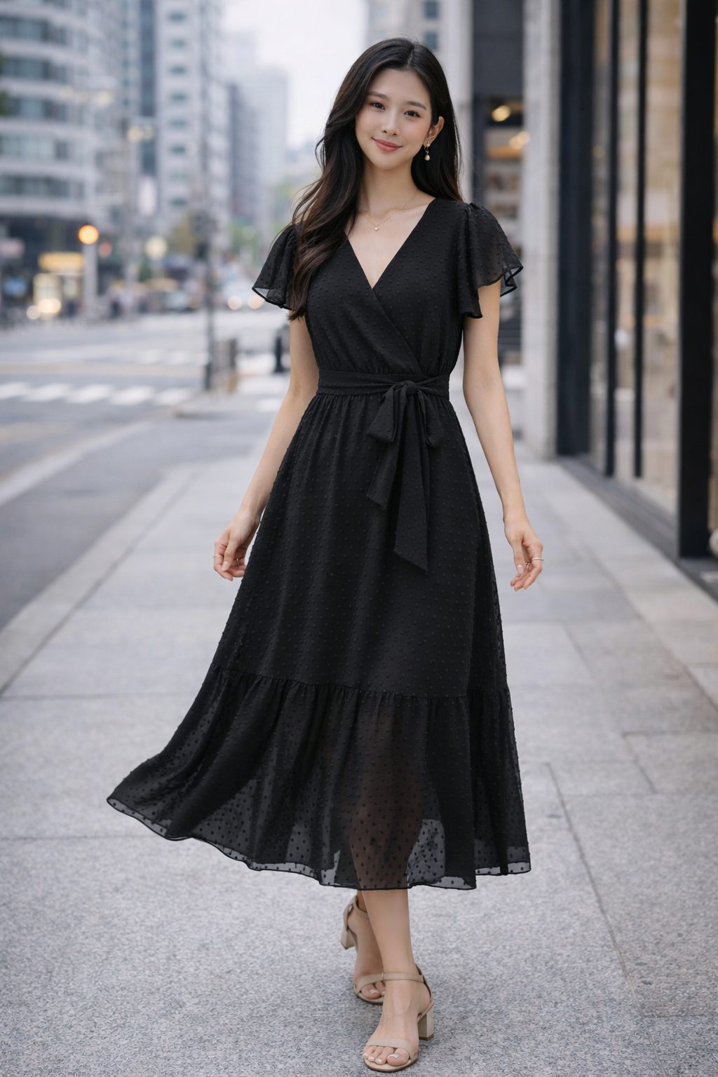 Woman wearing a black midi dress with flutter sleeves, a wrap-style bodice, waist tie, and semi-sheer hem, styled with heeled sandals in an urban street setting