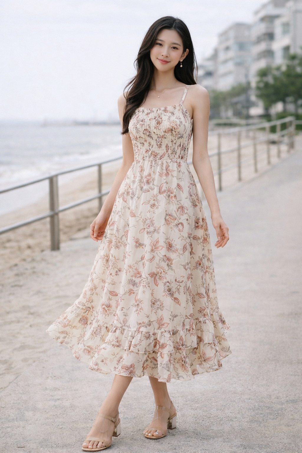 Woman wearing a soft floral midi dress with a fitted bodice and flowing skirt in a bright outdoor setting