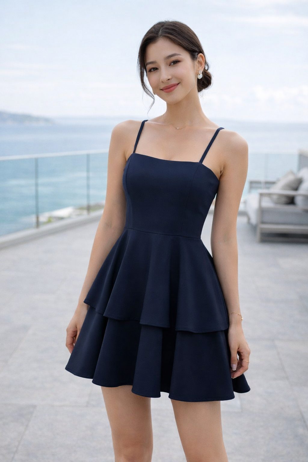 Woman wearing a navy sleeveless mini dress with a fitted bodice and tiered flared skirt in a softly blurred modern editorial setting